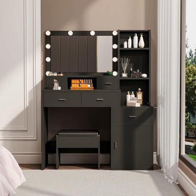 Vanity Desk with Mirror and Lights, Makeup Vanity Desk Table with Drawers and Cabinet, 3 Adjustable Lighting, Dressing Table with Cushioned Stool