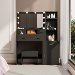Vanity Desk with Mirror and Lights, Makeup Vanity Desk Table with Drawers and Cabinet, 3 Adjustable Lighting, Dressing Table with Cushioned Stool - 1 of 4