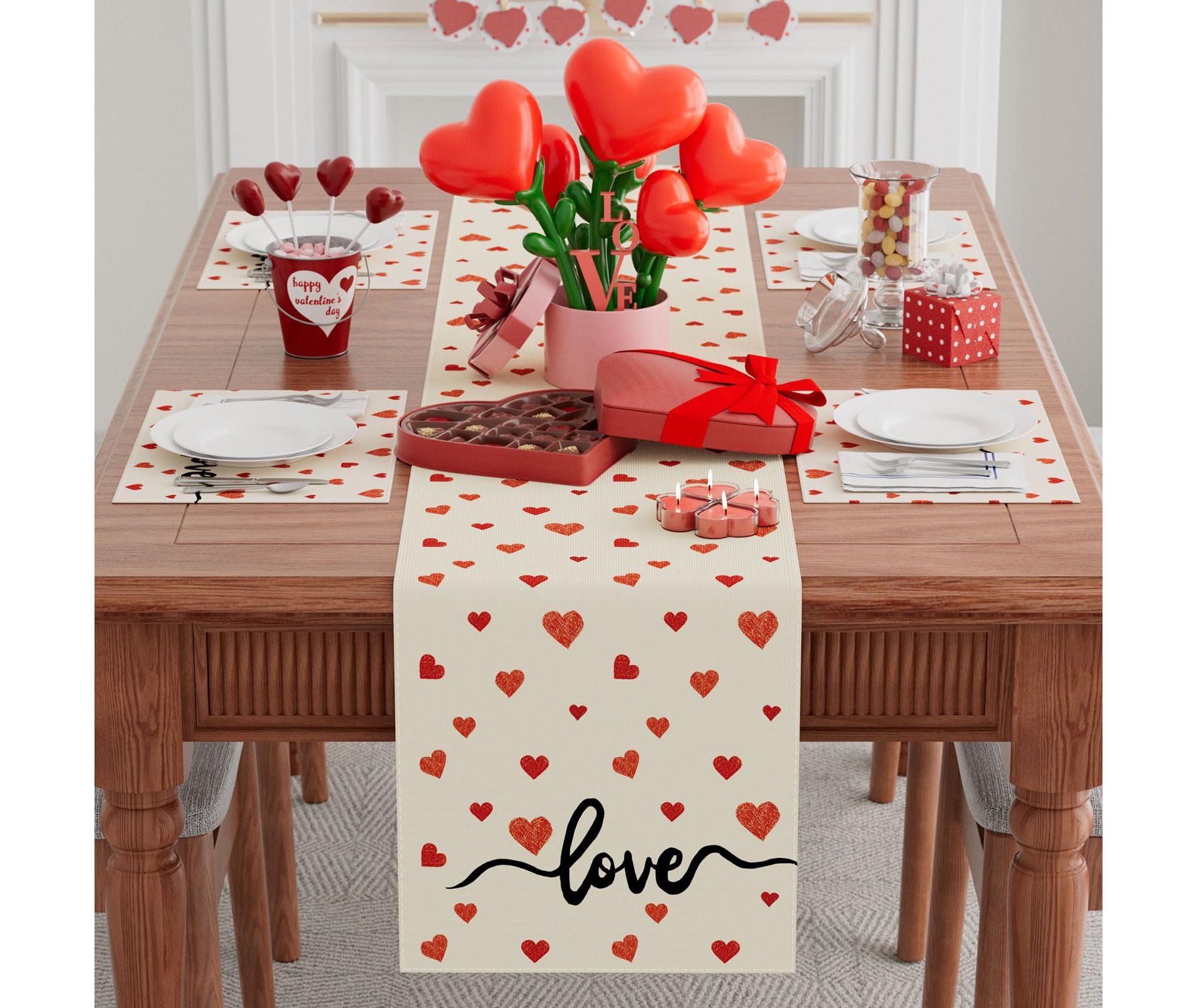 Red Little Love Hearts Valentine's Day Table Runner Table Decoration 13x72 Inch