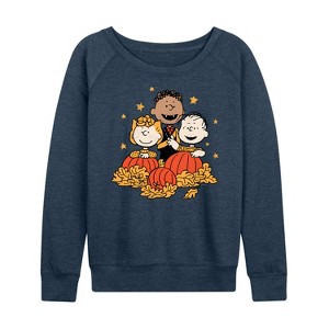 Women's - Peanuts - Peanuts Pumpkin Trio Lightweight French Terry Wide Neck Long Sleeve Shirt - 1 of 4