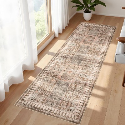 2x6 Washable Hallway Runner – Vintage Low-Pile Oriental Carpet, Non-Slip, Stain-Resistant Floral Print for Entryway, Kitchen, or Bath, Khaki