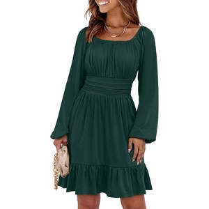 Long Lantern Sleeve Swing Dress with Square Neck & Ruffle Hem, Elastic Waist A-Line Short Dress for Women, Fall Fashion Deep Green - 1 of 4
