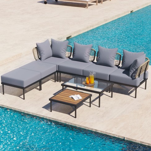 8 piece Black Metal Frame Patio Sectional Sofa Set With 2 Coffee Table Rattan Outdoor Patio Conversation Set With Gray Cushions Maison Boucle Target