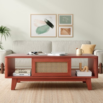 Grungis Modern Square Coffee Table with Rattan Drawer,Wooden Accent Table with Wood-textured Finish,Coffee Table for Living Room