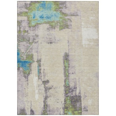 Linen And Fern Green Abstract Washable Indoor Outdoor Area Rug