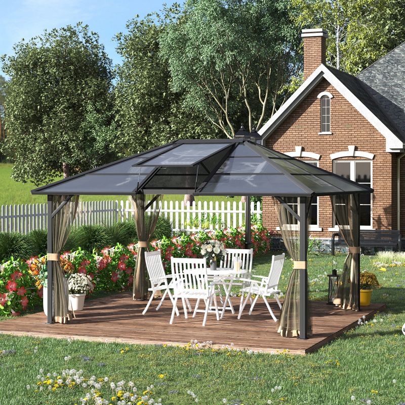 Outsunny Hardtop Polycarbonate Gazebo Canopy Aluminum Frame Pergola with Top Vent and Netting for Garden, Patio, Grey, 3 of 7
