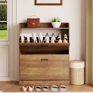 GARPROVM Farmhouse Wood Shoe Cabinet with 2 Flip Doors & Removable Shelves Entryway Shoe Storage - 1 of 4