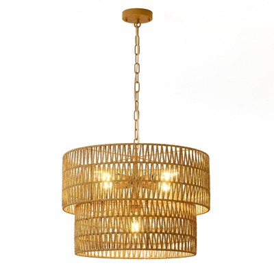 PAKOKULA Modern 5-Light Painted Gold Finish Farmhouse Drum Chandelier with 2-Tier Hand-Woven Rattan Shade