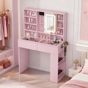 White 2-drawer 3-compartment Left-right 3-tier Shelf, Glass Tabletop, Side Panel Storage Style Dressing Table - 1 of 4