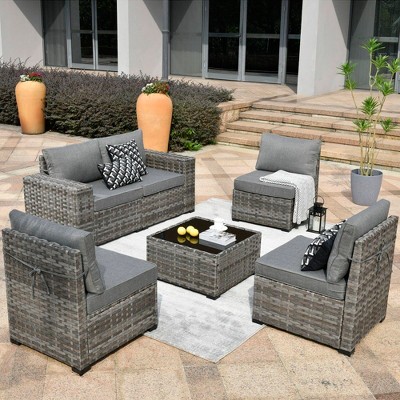 XIZZI 6 PCS Patio Furniture Set, Wide Armrest Outdoor Sectional Sofa, All Weather PE Rattan Outside Conversation Set with Coffee Table, Dark Grey