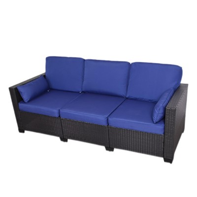 Maggift Patio Accent Chairs, Outdoor 3 Seater Patio Rattan Sofa with Furniture Cover and Anti-Slip Mat for Terrace, Poolside, Blue, 79"*29.1"*26"