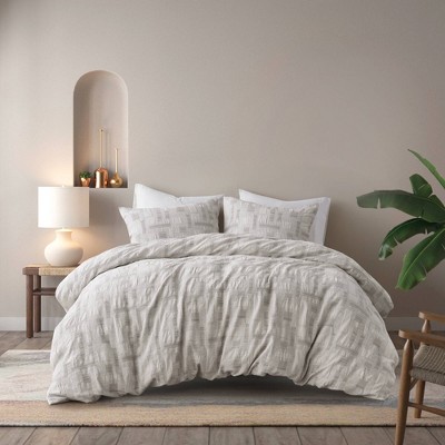 3Pcs Duvet Set Cotton Jacquard with Hypoallergenic Polyester Fill, Artisanal Geometric Design