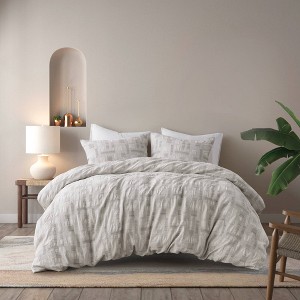 3Pcs Duvet Set Cotton Jacquard with Hypoallergenic Polyester Fill, Artisanal Geometric Design - 1 of 4