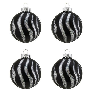 Northlight 4ct Diva Safari Black & Silver Glitter Zebra Print Design Glass Ball Christmas Ornaments 2.5" (65mm)