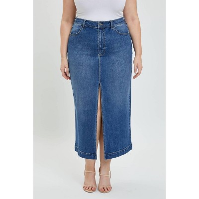 Women's Mid Waisted Denim Slit Skirt - Plus - CELLO