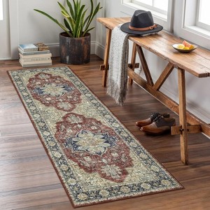 Washable Vintage Floral Oriental Area Rug, Non-Slip Low Pile Carpet, Stain-Resistant Rug for Living Room or Office - 1 of 4