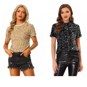 INSPIRE CHIC Women's Sequin Velvet Crew Neck Short Sleeve T-shirt 2 Packs - 1 of 4