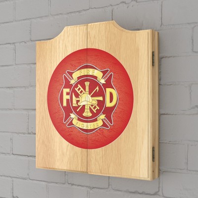 Fire Fighter Solid Pine Dartboard Cabinet Set with Darts