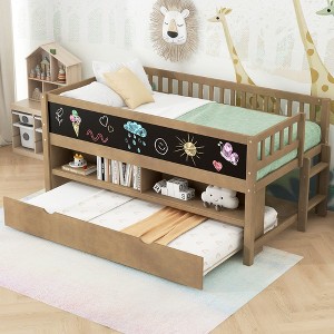 Twin Size Loft Platform Bed Frame Fence Bed with Storage Shelves, Blackboard and Trundle, White/Walnut-ModernLuxe - 1 of 4