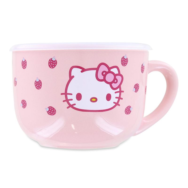 Silver Buffalo Hello Kitty Strawberries 25oz Ceramic Soup Mug with Vented Lid, 1 of 5
