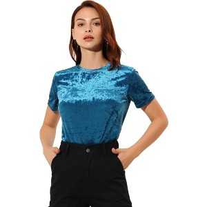INSPIRE CHIC Women's Velvet Crew Neck Short Sleeve Casual Blouse - 1 of 4