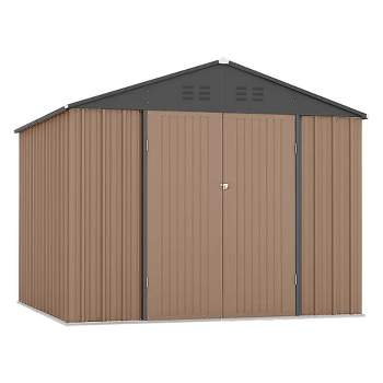 8x8 FT Metal Outdoor Storage Shed, Steel Utility Tool Shed Storage House with Lockable Door Design, Metal Sheds Outdoor Storage Brown