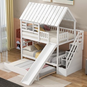 YOOCOZZ Twin over Twin House Bunk Bed with Trundle and Slide, Storage Staircase - 1 of 4