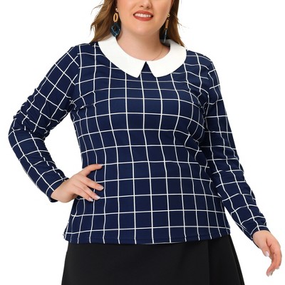 Agnes Orinda Women's Plus Size Cute Contrast Collar Plaid Long Sleeve Casual Work Blouse