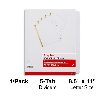 Staples Big Tab Write-On Blank Paper Dividers 5-Tab White 4 Sets/PK 13508/23175