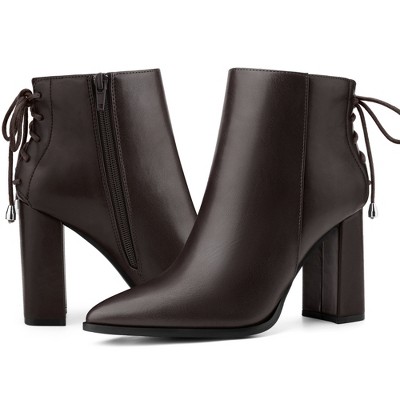 BLISSFUL STEP Women's Pointed Toe Chunky Heel Back Lace Up Ankle Boots