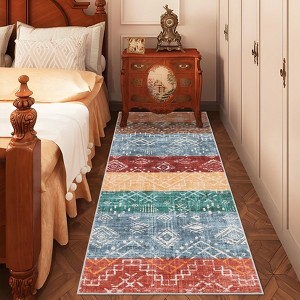 Vintage Boho Geometric Area Rug with Non-Slip Backing, Soft Foldable Low Pile Non-Slip Indoor Floor Carpet - 1 of 4