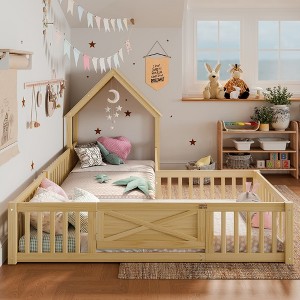 TIRAMISUBEST Twin/Full House-Shaped Kids Floor Bed with Roof & Full-Length Guardrails, Double Bed Frame with A Door - 1 of 4