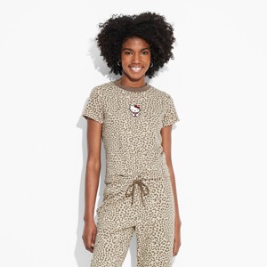 Women's Hello Kitty Leopard Print Short Sleeve Graphic Baby T-Shirt - Beige - 1 of 3