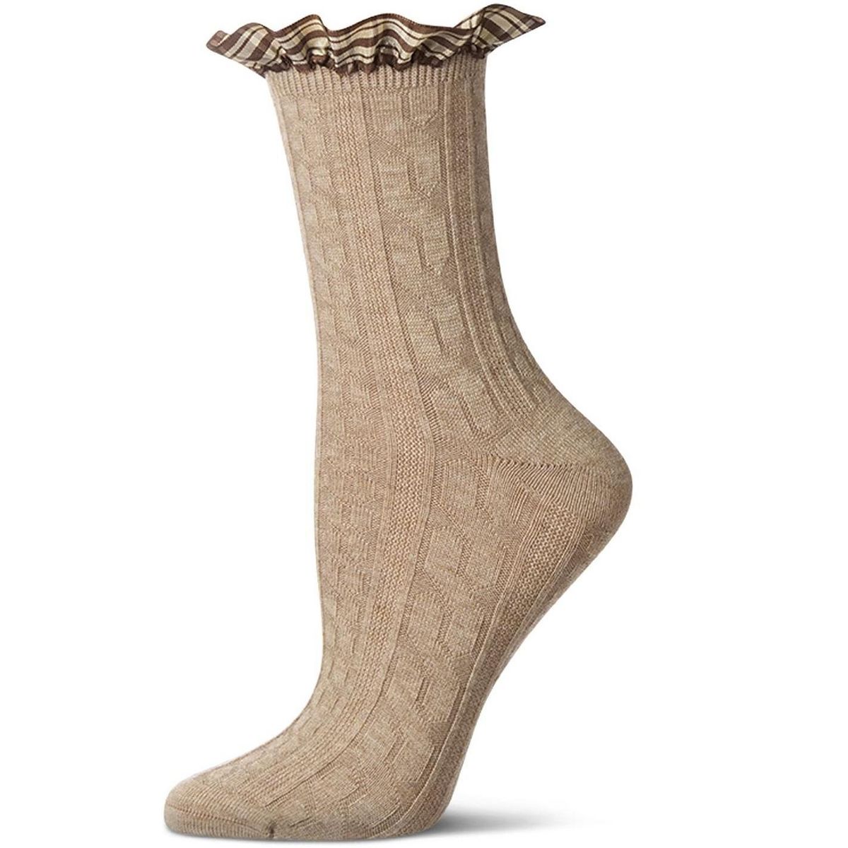 Memoi Women's Wool Blend Plaid Ruffle-Cuff Chain Stitch Crew Sock - thumbnail 6