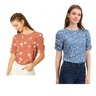Allegra K Women's Floral Summer Crew Neck Casual Shirred Short Sleeve Blouse 2 Pcs