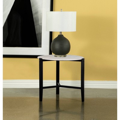 Round White Faux Marble and Black Metal End Table
