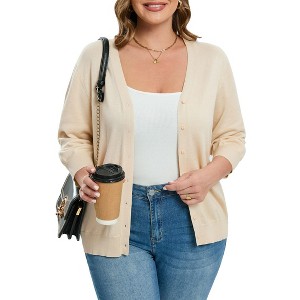 Coolmee Women's Plus Size Cardigan Lightweight V-Neck Button Down 3/4 Sleeve Cardigan Sweater XL Apricot - 1 of 4