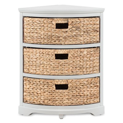 Pink 3-Tier Corner Table with Natural Wicker Baskets