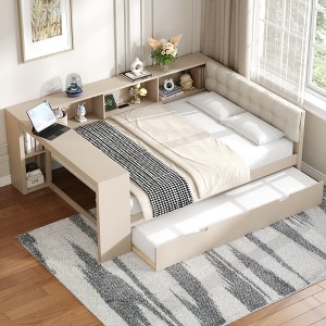 Twin/Full Size Daybed with Storage Shelves, Trundle, Charging Station & Upholstered Headboard - ModernLuxe - 1 of 4