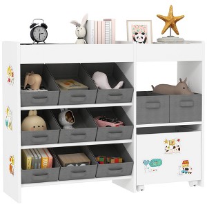Qaba Toy Storage Organizer with 6 Shelves and 11 Fabric Bins, Moveable Cabinet and 3 Stickers, Toy Organizer for Nursery, Playroom, Bedroom, White - 1 of 4