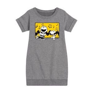 - Peanuts - Charlie And Snoopy Dance Time Graphic Short Sleeve Fleece Dress - 1 of 4