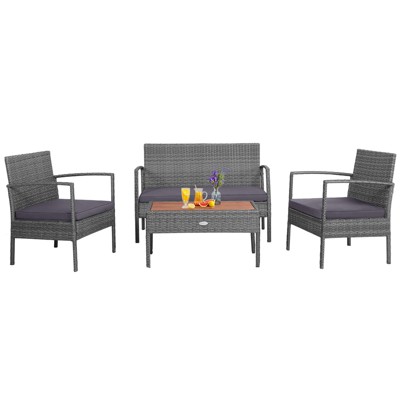 Tangkula Patio Rattan 4PCS Cushioned Chair Side Table Set Bistro Set Classic Furniture Single Sofa Thick Cushion Loveseat for Garden Black/Grey