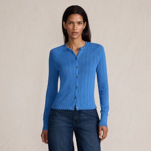 Lands' End Women's Cotton Pointelle Satin Trim Cardigan Sweater - 1 of 4