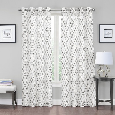 Kate Aurora 2 Piece Gray & White Crushed Sheer Trellis Grommet Top Curtain Panels