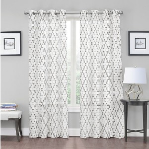 Kate Aurora 2 Piece Gray & White Crushed Sheer Trellis Grommet Top Curtain Panels - 1 of 1