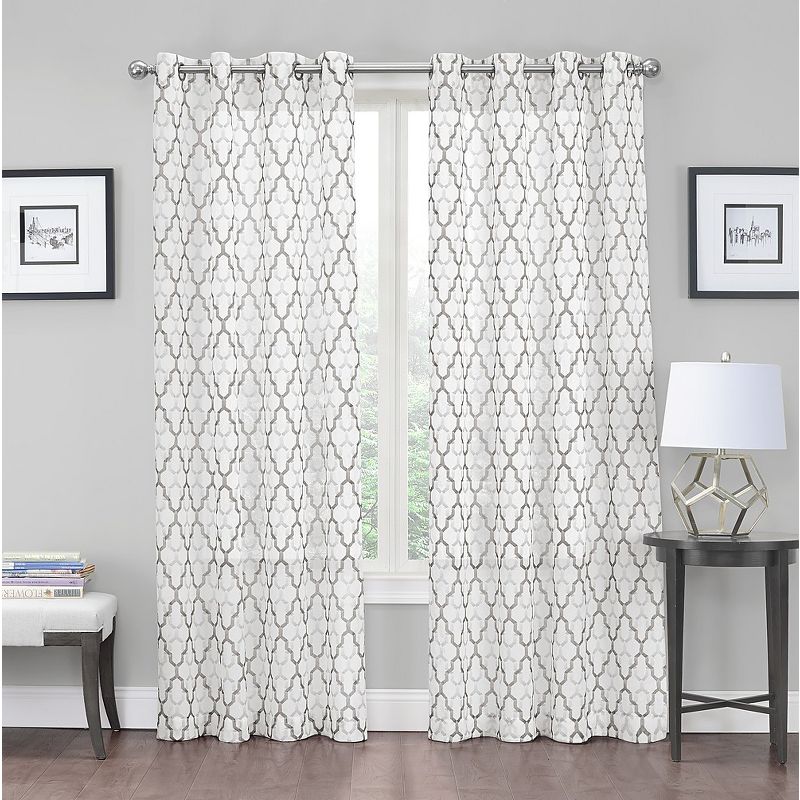 Kate Aurora 2 Piece Gray & White Crushed Sheer Trellis Grommet Top Curtain Panels, 1 of 2