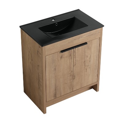 Vynxaria 30 in. Single Freestanding White Oak Plywood Bath Vanity with Black Ceramic Counter KD-PACKING Ready to Assemble