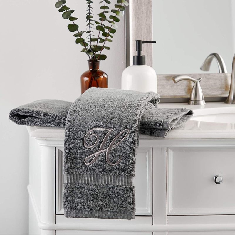 Juvale 2 Pack Letter H Monogrammed Hand Towels, Gray Cotton Hand Towels with Silver Embroidered Initial H for Wedding Gift, Baby Shower, 16 x 30 in, 2 of 5