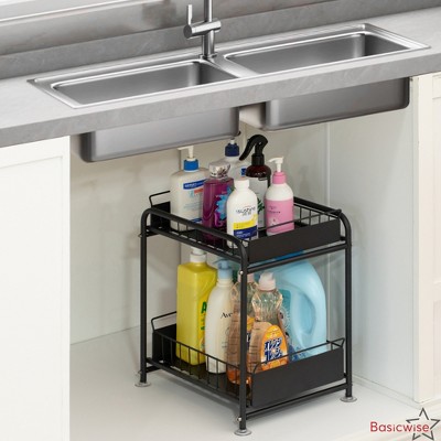 Basicwise Under Sink Organizer Sliding Wire Baskets Adjustable 2-Tier Metal Storage Rack for Bathroom Kitchen — фото 5