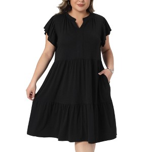 Women's Plus Size V Neck Ruffle Sleeve Tiered Flowy Vacation Summer Midi A Line Dresses with Pockets - Agnes Orinda - 1 of 4